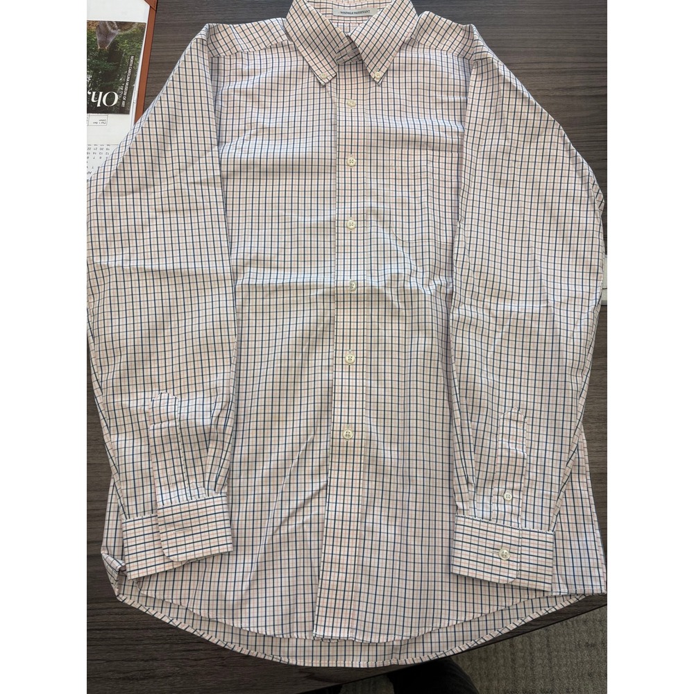 LL Bean Wrinkle Resistant Shirt 15.5-35 Pink Blue Check Plaid Cotton Button Down